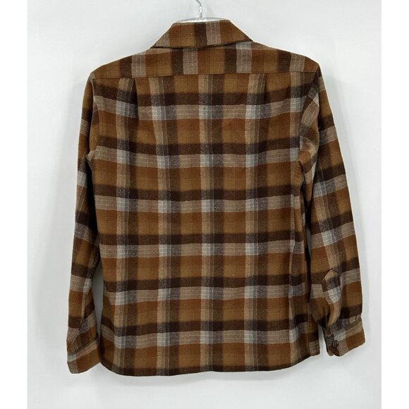 vintage 60s PENDLETON BOARD SHIRT plaid 100% wool long sleeve brown XS S - Picture 5 of 8